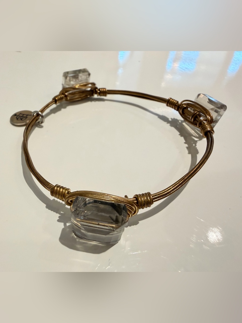 Bourban & Bowties Gold-Tone Wire Bangle Bracelet with smoky Crystal Stones